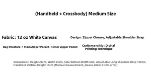 Detailed size specifications and material chart for the canvas bear and rabbit print bag