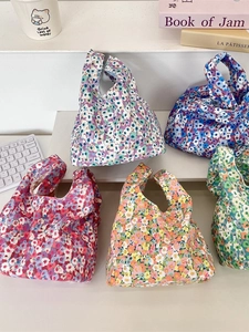 Women Floral Print Corduroy Knot Handbag Small Wrist Pouch Bag For Daily Outing Casual Japanese Style