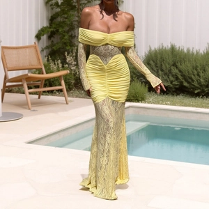 Yellow off-shoulder lace patchwork bodycon dress for women at a sunlit poolside
