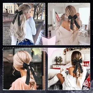 Detail of a large black satin bow hair clip with long ribbons shown on various hairstyles