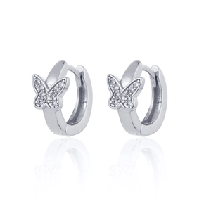 Detailed close-up of butterfly hoop earrings with silver plating and sparkling zirconia