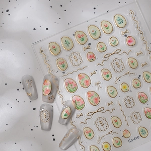 Retro relief floral nail stickers with gold tulip designs and metallic foil accents