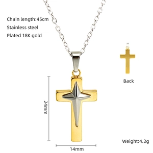 Detail view of two-tone cross pendant with dimensions 24mm by 14mm and 45cm chain