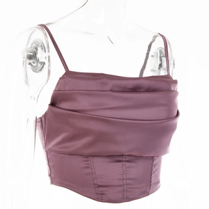 Detail of purple satin cowl neck top with corset style boning and draped pleats