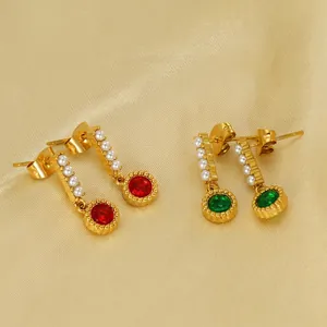 French Vintage Dangle Earrings Stainless Steel 18K Gold Plated Zircon Gemstone Round Faux Artificial Pearl Retro Jewelry Women