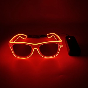 Detail of red LED glowing glasses with external battery pack for party atmosphere