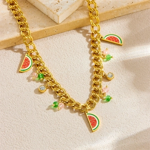 Golden chain necklace with sweet cartoon watermelon slices and colorful bead pendants