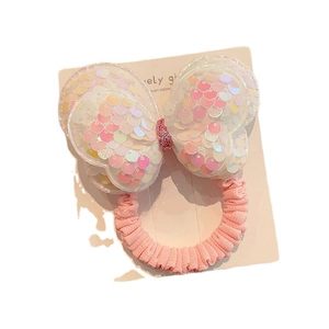 Pink sequin bow hair tie for girls, gradient elastic scrunchie for high ponytails