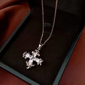 Vintage gothic zircon cross pendant necklace in rose gold finish with luxury velvet box