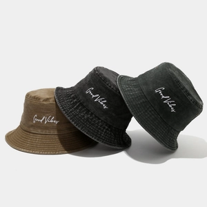 Vintage cotton bucket hat with Good Vibes embroidery in brown, black and charcoal grey