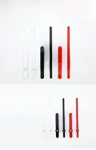 Detail view of model 994 clock needles in black, white, and red for quartz movements