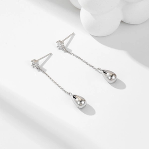 Silver long chain tassel earrings with zircon studs and polished waterdrop pendants