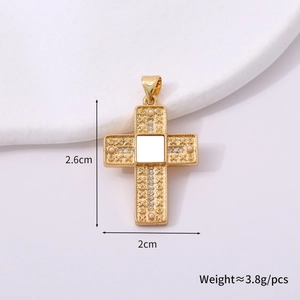 Detailed view of 2.6cm gold cross pendant with pearls, enamel, and size specifications