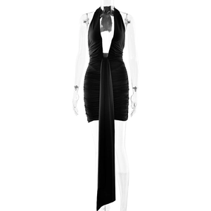 Detail of sexy black halter neck dress with deep V-neck and elegant long streamer ribbon