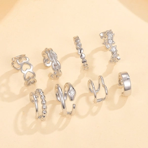 Set of 8 S925 sterling silver geometric ear cuffs with cubic zirconia in silver finish