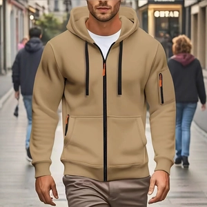 Men's khaki zip-up hoodie featuring contrast orange zippers and knit composite fabric