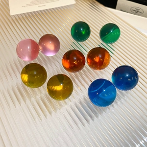 Set of five colorful resin ball stud earrings in pink green amber yellow and blue shades