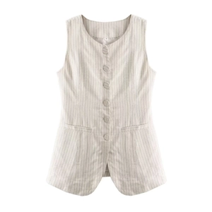 Women Round Neck Pinstripe Suit Vest Slim Fit Button Down Woven Sleeveless Waistcoat Retro Elegant
