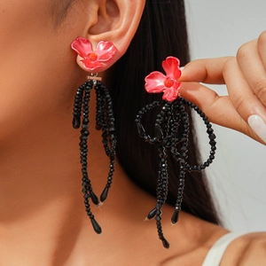 Flower Tassel Dangle Earrings Glass Rhinestone Alloy With Silver Earring Post Red Black Vintage Boho Jewelry For Women