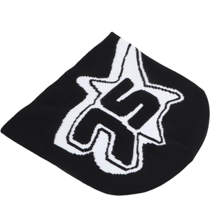 Close-up of black knit beanie with white jacquard star and abstract letter patterns