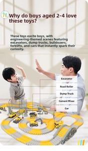 Toddler construction track set with flexible pieces and mini engineering vehicles