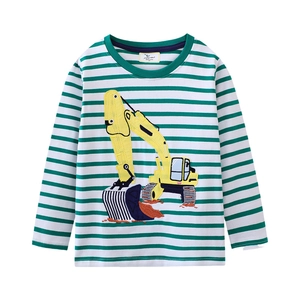 Boys Long Sleeve Cotton T-Shirt Striped Excavator Embroidery Round Neck Casual Spring Autumn Tops