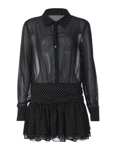 Abito in chiffon a pois a maniche lunghe con colletto polo e vita arricciata