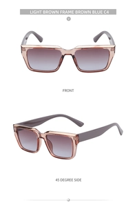 Front and 45-degree side macro view of light brown square frame sunglasses with blue gradient lenses