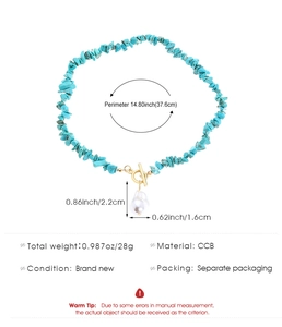 Detailed size specifications for turquoise bead necklace with pearl pendant and toggle clasp