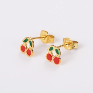 Fashionable stainless steel cherry earrings set with red enamel and golden finish