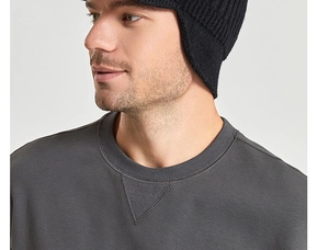 Detail of thick knit texture and ear-protection design on the black winter hat