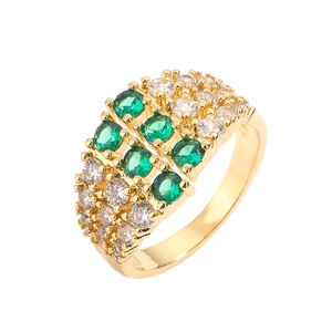 Luxurious gold-plated geometric wide ring with green and white cubic zirconia accents