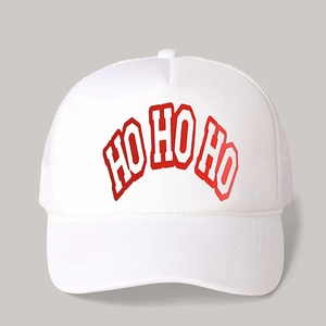 Detail of white trucker hat featuring red HO HO HO print and braided rope accent