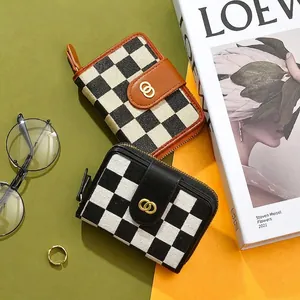 Checkerboard pattern short canvas wallet for women with golden double ring buckle