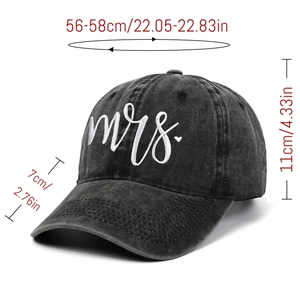 Washed black cotton baseball cap with Mrs. embroidery and sizing details 56-58cm