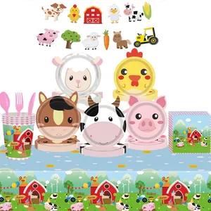 Cartoon Farm Animal Disposable Tableware Paper Plates Cups Napkins Tablecloth Barn Theme Kids Birthday Party Decoration