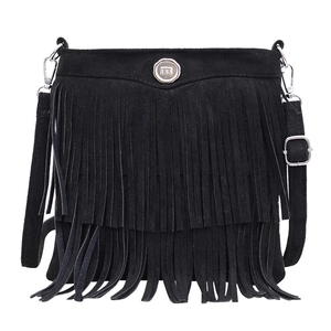 Retro black suede crossbody bag with fringe tassels and silver hardware accents