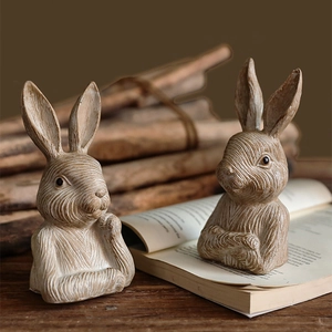 Retro Resin Rabbit Figurine Wood Cut Texture Ornaments Rustic Pastoral Animal Statues For Home Garden Patio Decor