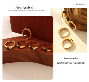 Detail of 18K gold-plated titanium steel ring featuring emerald green zircon inlay