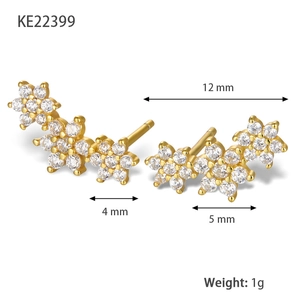 S925 sterling silver triple flower stud earrings with zircons and gold plating