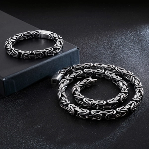 Macro detail of silver Byzantine chain necklace and bracelet set on black display box