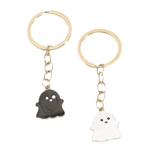Cute black and white cartoon ghost keychains for couples with gold metal rings