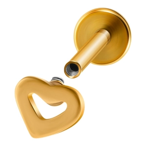 Deconstructed view of a gold heart flat back stud earring in stainless steel