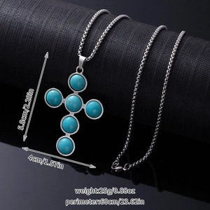 Detail view of turquoise cross pendant with dimensions 5.8x4cm and chain weight 25g