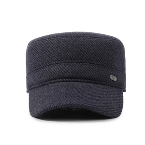 Men's winter flat top military cap in dark gray twill fabric with metal B buckle