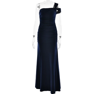 Detailed view of dark blue one-shoulder maxi dress with side ruching and elegant slit