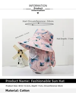 Maße des rosa Sonnenhuts mit Blumendruck, 13,5 cm Krempe und atmungsaktivem Nackenschutz