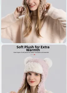 Close-up of thick plush faux fur lining and cute bear ears on the winter earflap hat