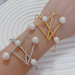 Geometric Bangle And Ring Stainless Steel Imitation Artificial Pearl Gold Plated Minimalist Fashion Jewelry Accessories For Women