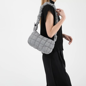 Grey quilted cloud bag with pleated shoulder strap for casual spring style for women